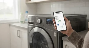 Person using a mobile app to monitor their smart high-efficiency washer cycles remotely.