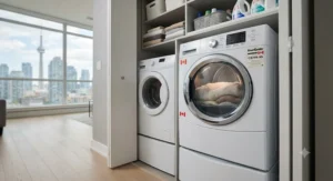 Stackable electric dryer under 1000 paired with a washing machine to maximize space in a tight Canadian utility room.