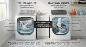 Comparison diagram showing the interior differences between a top load impeller washer and a traditional agitator model.