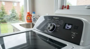 Close-up view of a laundry machine control panel highlighting the delicate cycle setting on a top load impeller washer.