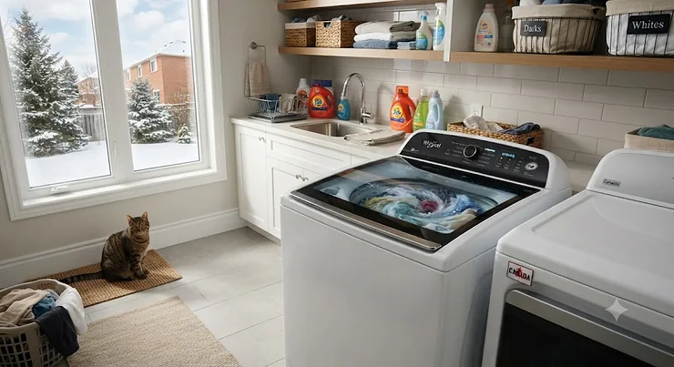 Modern high-efficiency top load impeller washer operating in a Canadian home laundry room.