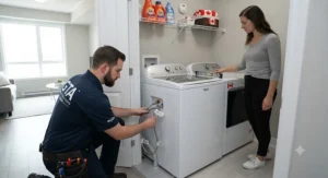 Professional installation of a top load impeller washer in a Canadian apartment laundry closet.