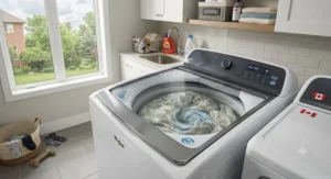 Extra-large capacity top load impeller washer easily cleaning bulky bedding in a family laundry setting.