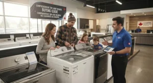 Family shopping for the best top load washer with agitator at a Canadian appliance retailer.