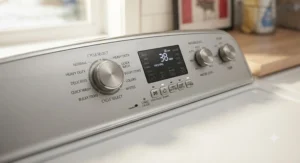 Detailed view of digital control panel on a reliable top load washer with agitator.