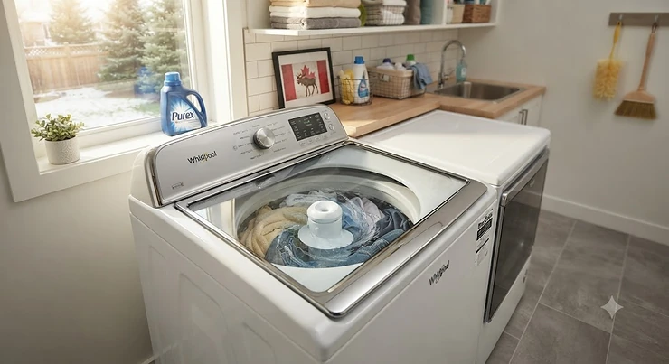 Energy efficient top load washer with agitator in a modern Canadian laundry room.