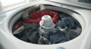 Top load washer with agitator cleaning heavy winter coats and woolen garments.