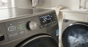 Close-up of a high-performance steam washer control panel highlighting energy saving features