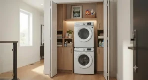 Compact ventless heat pump dryer fitting into a tight condominium laundry closet.