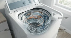 Comparison illustration highlighting the larger laundry drum capacity in an impeller washer versus an agitator model.