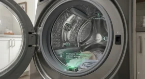 Interior view of a smart high-efficiency washer highlighting advanced water-saving sensors.