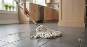 A close-up of absorbent string mops for kitchen floors cleaning tile surfaces.