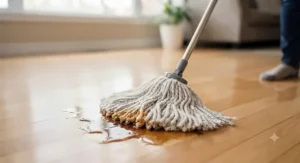 An absorbent string mop absorbing spills on a Canadian home's wooden floor without leaving excess moisture.