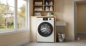 An all-in-one best ventless dryer combo unit operating in a small suburban laundry room