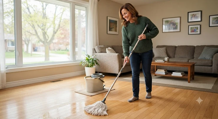 A Canadian homeowner using a high-quality string mop to clean hardwood floors in a living room.
