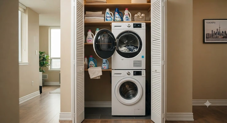 A compact best ventless dryer installed in a modern Toronto apartment laundry closet