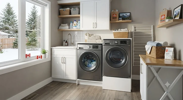 Modern Canadian laundry room featuring a top washer dryer brand Canada appliance set