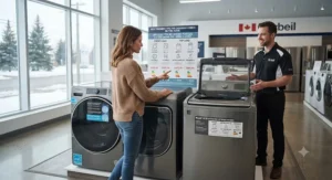 A homeowner reviewing options in a Canadian appliance showroom to choose between a front load vs top load washer.