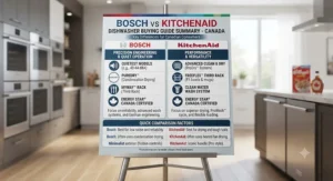 Infographic summarizing key differences between Bosch and KitchenAid dishwashers for Canadian consumers.