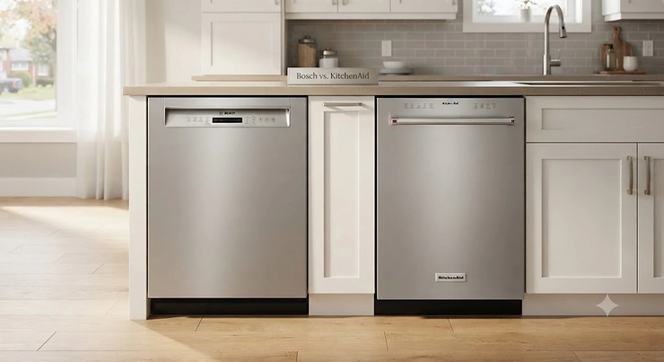 Side-by-side comparison of Bosch and KitchenAid dishwashers installed in a modern Canadian kitchen. Bosch vs KitchenAid dishwasher