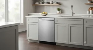Sleek built-in dishwasher installed flush under modern kitchen countertops