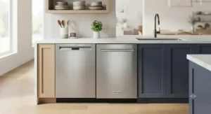 Built-in stainless steel Bosch and KitchenAid dishwashers fitted under a white quartz kitchen countertop.