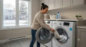 A Canadian homeowner loading laundry into a reliable best ventless dryer during winter