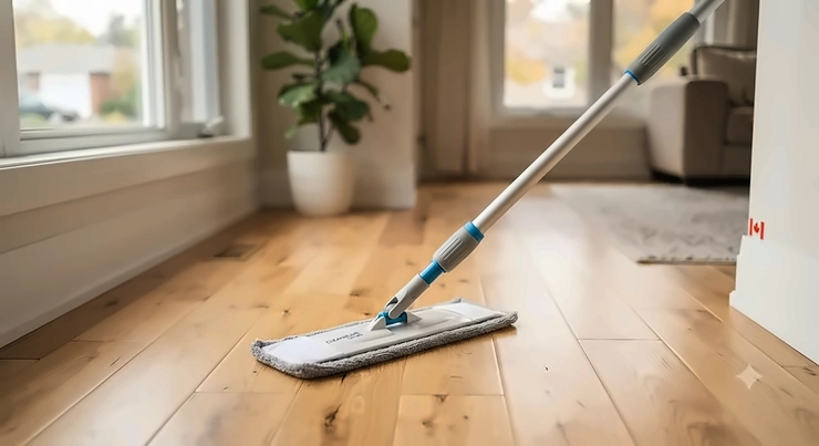 A budget-friendly cheap flat mop resting on a Canadian hardwood floor for efficient home cleaning.