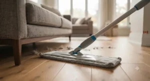 Flexible 360-degree swivel head on a cheap flat mop reaching under furniture in a Canadian home.