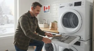 Homeowner performing routine maintenance by cleaning the lint filter on a heat pump dryer