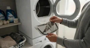 Close-up of a homeowner cleaning the lint filter inside a compact ventless dryer for optimal performance.