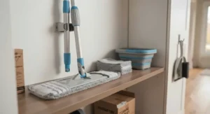 Compact and space-saving cheap flat mop stored neatly in a Canadian apartment closet.