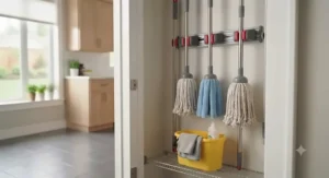 Easy-to-hang string mops for kitchen floors stored neatly in a utility closet.