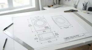Dimensional drawing showing width and height specs of a standard compact ventless dryer for tight spaces.