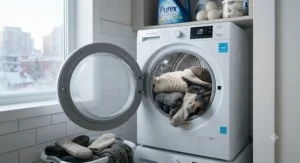 A compact ventless dryer efficiently drying heavy winter garments and sweaters during a cold Canadian winter.