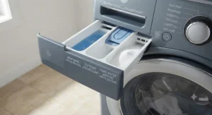 Washing machine detergent drawer suited for hard water laundry additives in Canada
