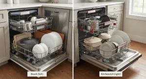 Lower racks of Bosch and KitchenAid dishwashers loaded with pots, pans, and dinnerware plates.