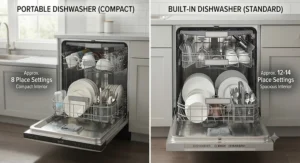 Interior rack layout and place-setting capacity comparison between portable and built-in dishwashers