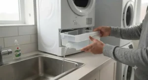 Emptying the condensation water drawer of a standalone compact ventless dryer without exterior ducting.