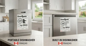 EnerGuide energy and water efficiency label comparison for portable and built-in dishwashers in Canada