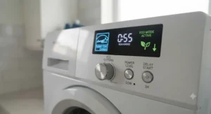 Digital control panel of an Energy Star certified compact ventless dryer showing low power consumption settings.
