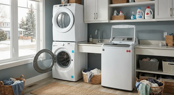 A side-by-side comparison of a front load washer and a top load washing machine in a modern Canadian laundry room.