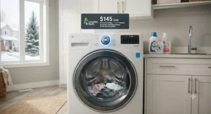Energy efficient front load washing machine with an ENERGY STAR symbol highlighting utility bill savings in Canadian homes.