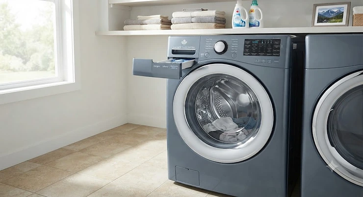 Front-load washing machine designed to handle hard water mineral buildup in a Canadian home