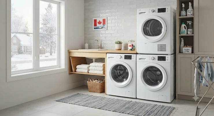 A modern heat pump dryer installed in a bright Canadian home laundry room during winter heat pump dryer worth it