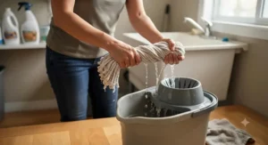 Step-by-step demonstration of wringing out a string mop before cleaning hardwood flooring.