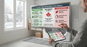 Summary infographic weighing the pros and cons of buying a heat pump dryer in Canada