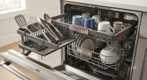 Interior view of a KitchenAid dishwasher showing the FreeFlex third rack designed for long utensils and mugs.