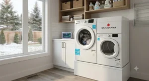 Large capacity front load washer dryer brand Canada unit handling bulky winter bedding for a family home