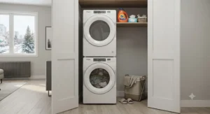 A space-saving stacked front load washer and dryer unit installed neatly in a compact Canadian apartment condo laundry closet.